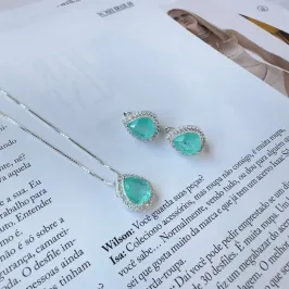 Conjunto gota verde água Prata 925