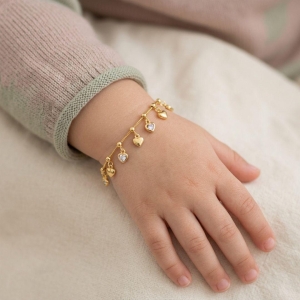 Pulseira Infantil Mini Esferas Penduricalhos Corações