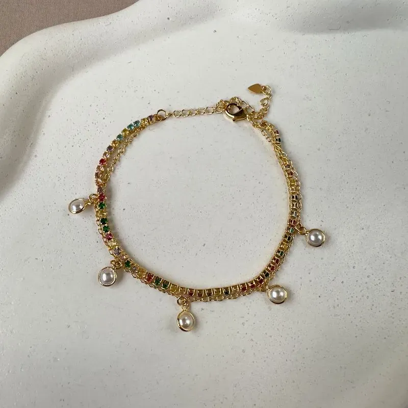 Pulseira dupla zircônia color com pérolas