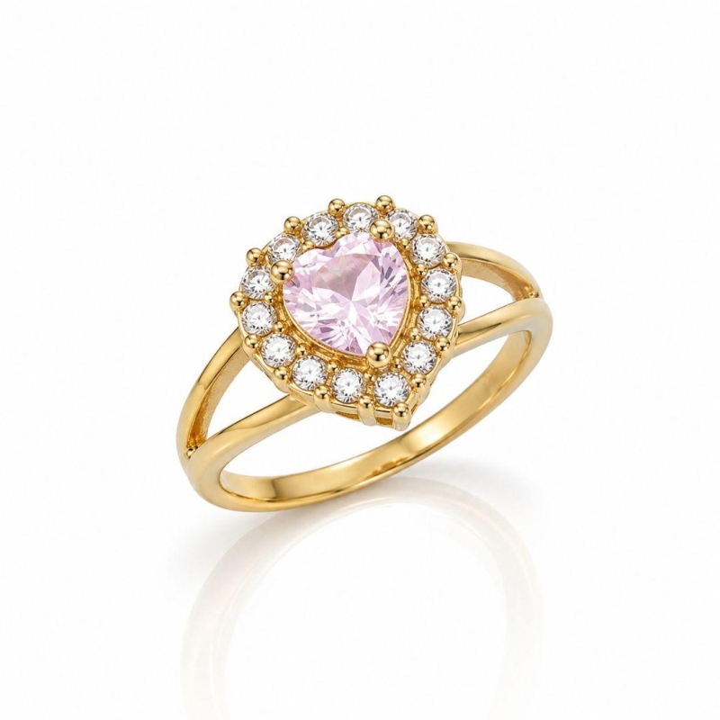 Anel Coração Rosa Cravejado