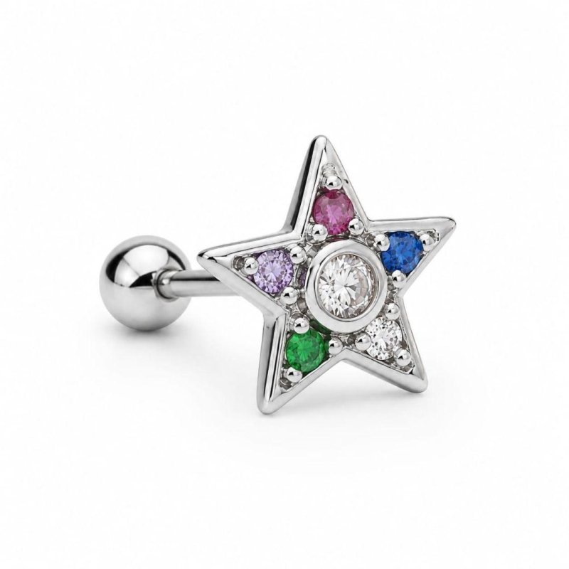 Piercing estrela color haste 6mm Prata 925