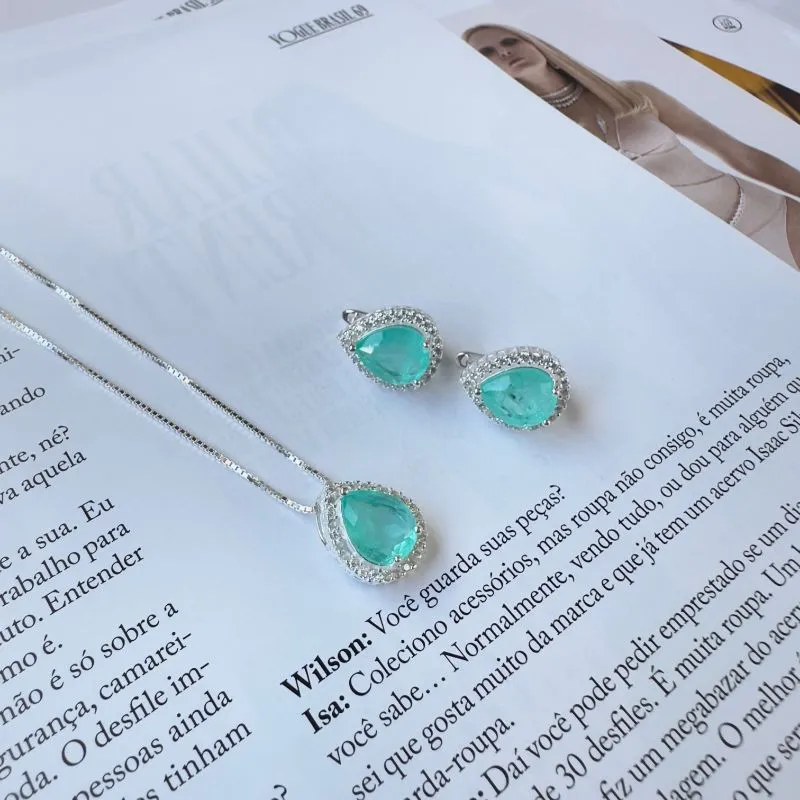 Conjunto gota verde água Prata 925