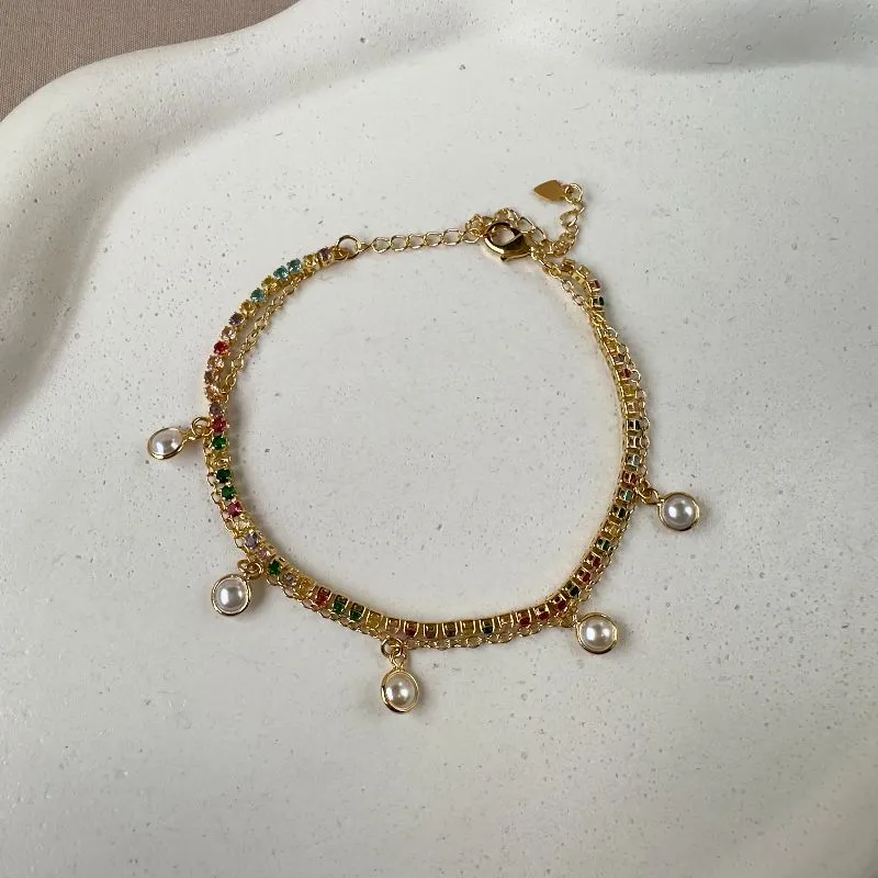 Pulseira dupla zircônia color com pérolas