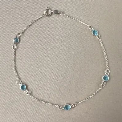 Tornozeleira pontos de luz azul prata 925