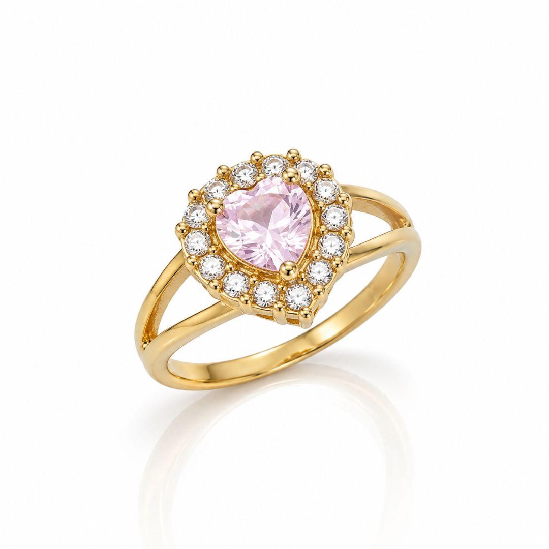 Anel Coração Rosa Cravejado
